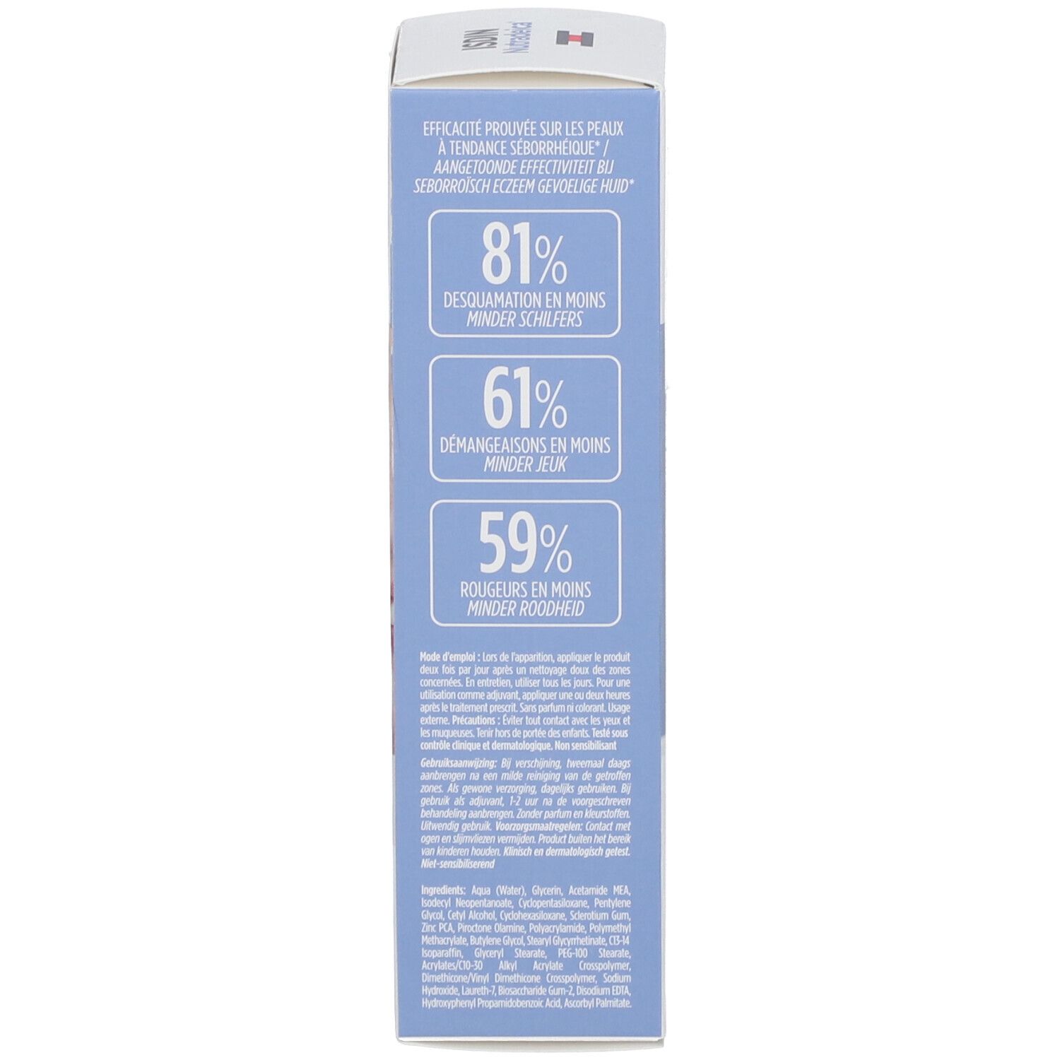 Emballage du produit. Texte avec pourcentages d'efficacité. Inscription: ISDIN Nutradeica.