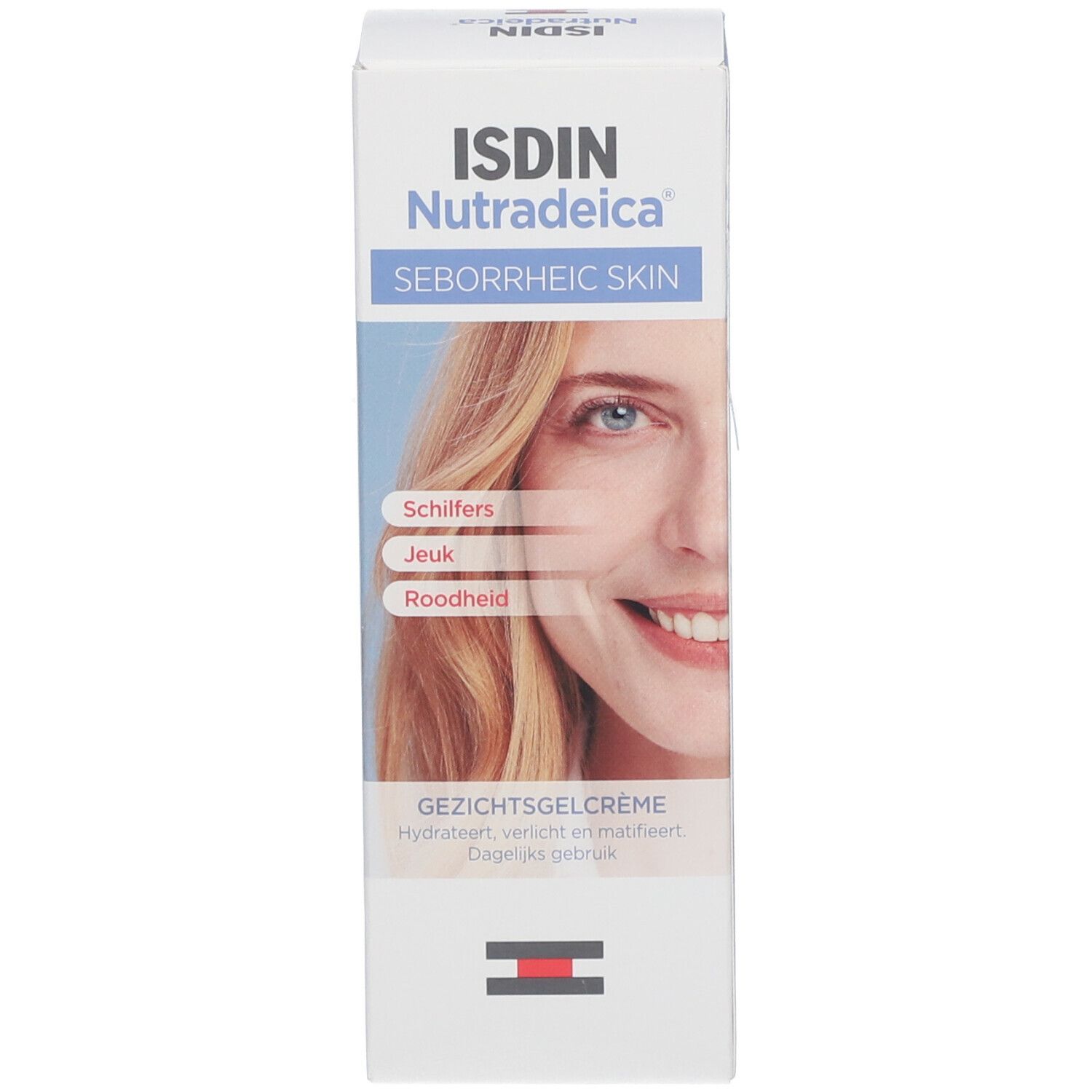 Emballage du produit avec le visage d'une femme. Inscription: ISDIN Nutradeica. Texte en allemand.