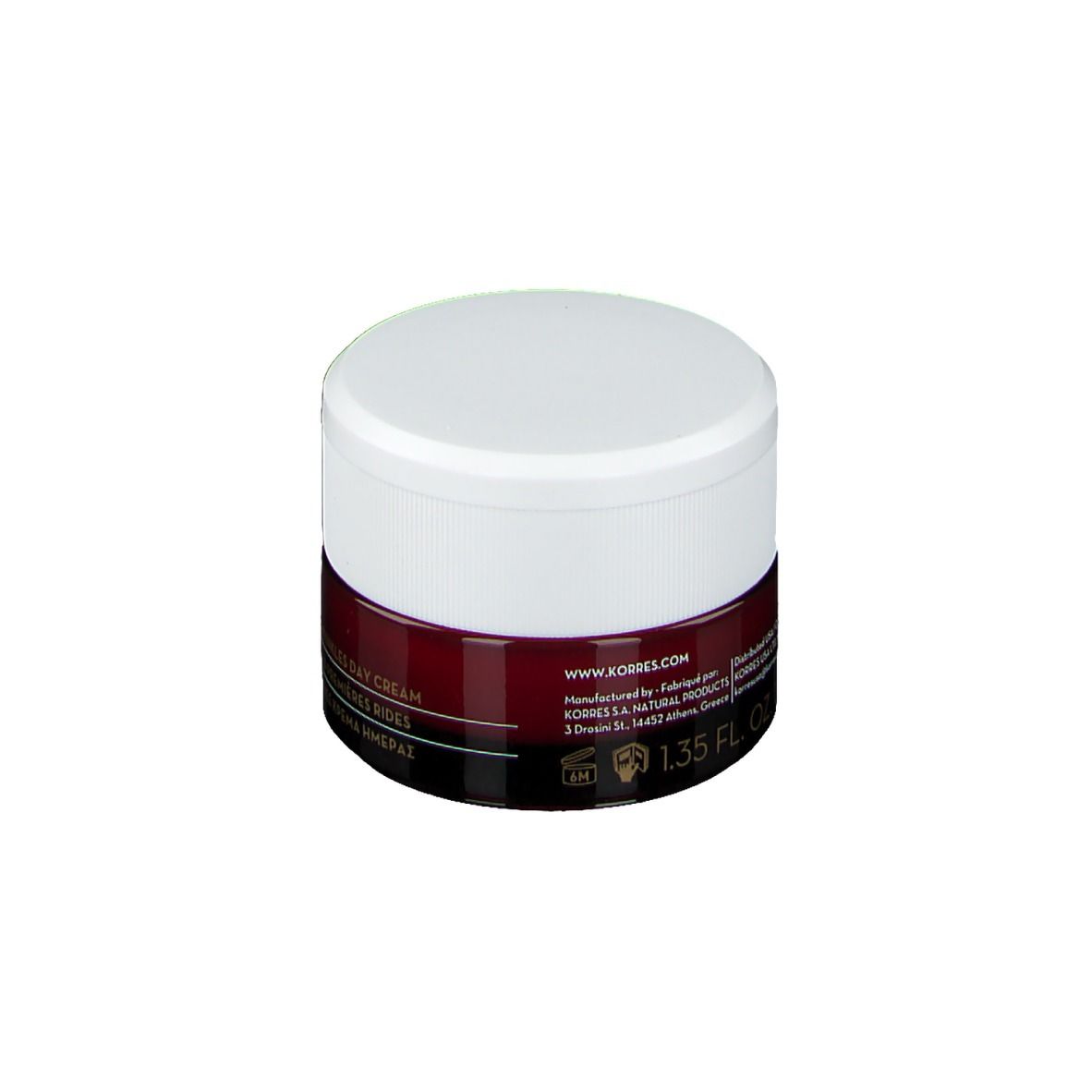 Pot de crème Korres Wild Rose, couvercle blanc, bande rouge foncé. Texte: www.korres.com, 1.35 FL OZ.