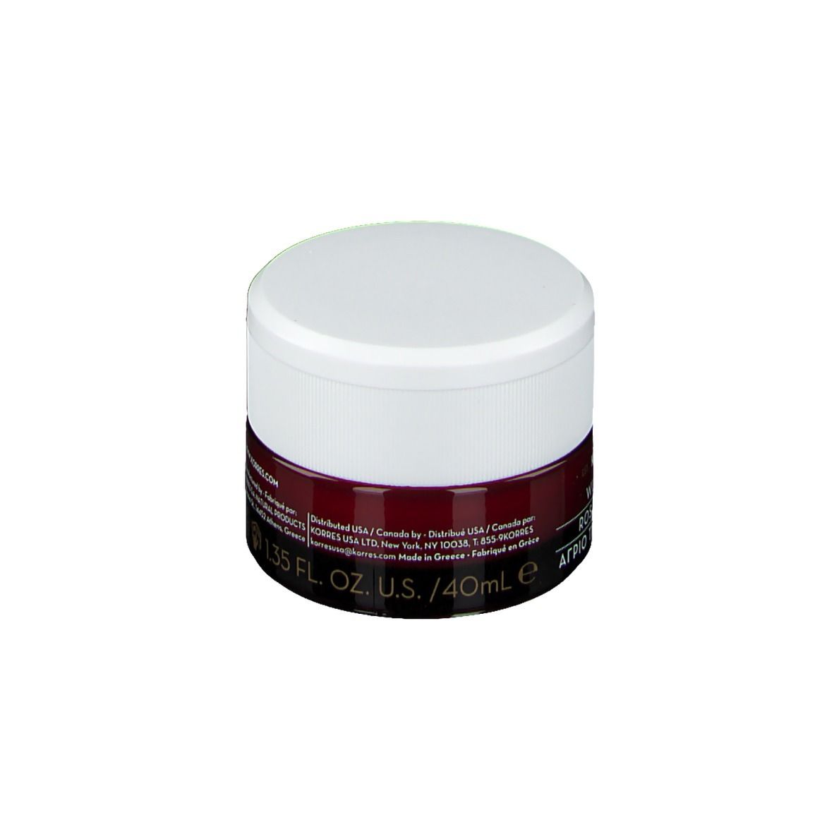 Pot de crème Korres Wild Rose, couvercle blanc, bande rouge foncé. Texte: 1.35 FL. OZ. U.S. / 40ml e.