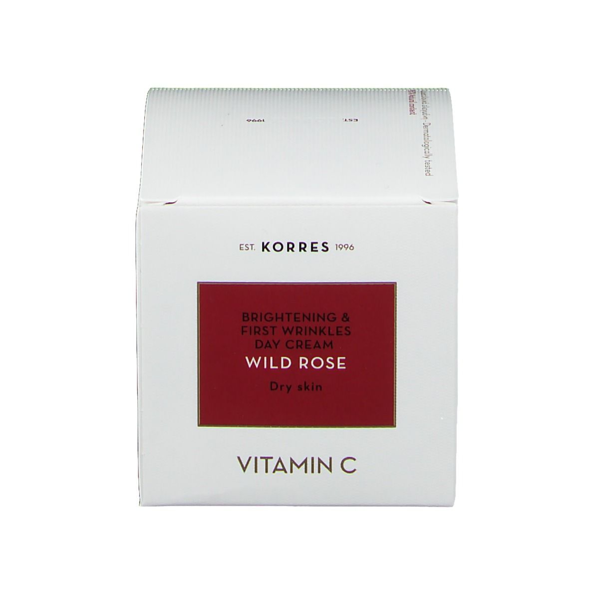 Boîte pour crème Korres Wild Rose. Texte: Brightening & First Wrinkles Day Cream, Wild Rose, Dry skin, Vitamin C.
