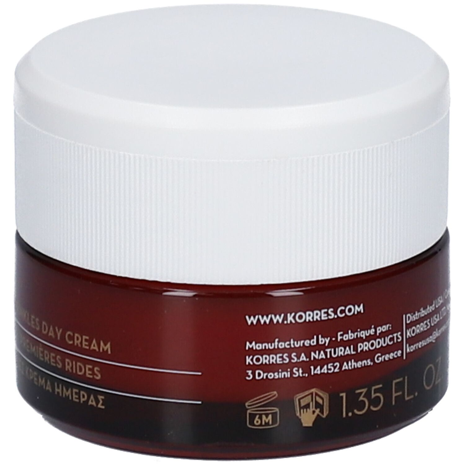 Pot de crème brun avec couvercle blanc. Inscription : KORRES DAY CREAM, 1.35 FL. OZ. Informations fabricant.