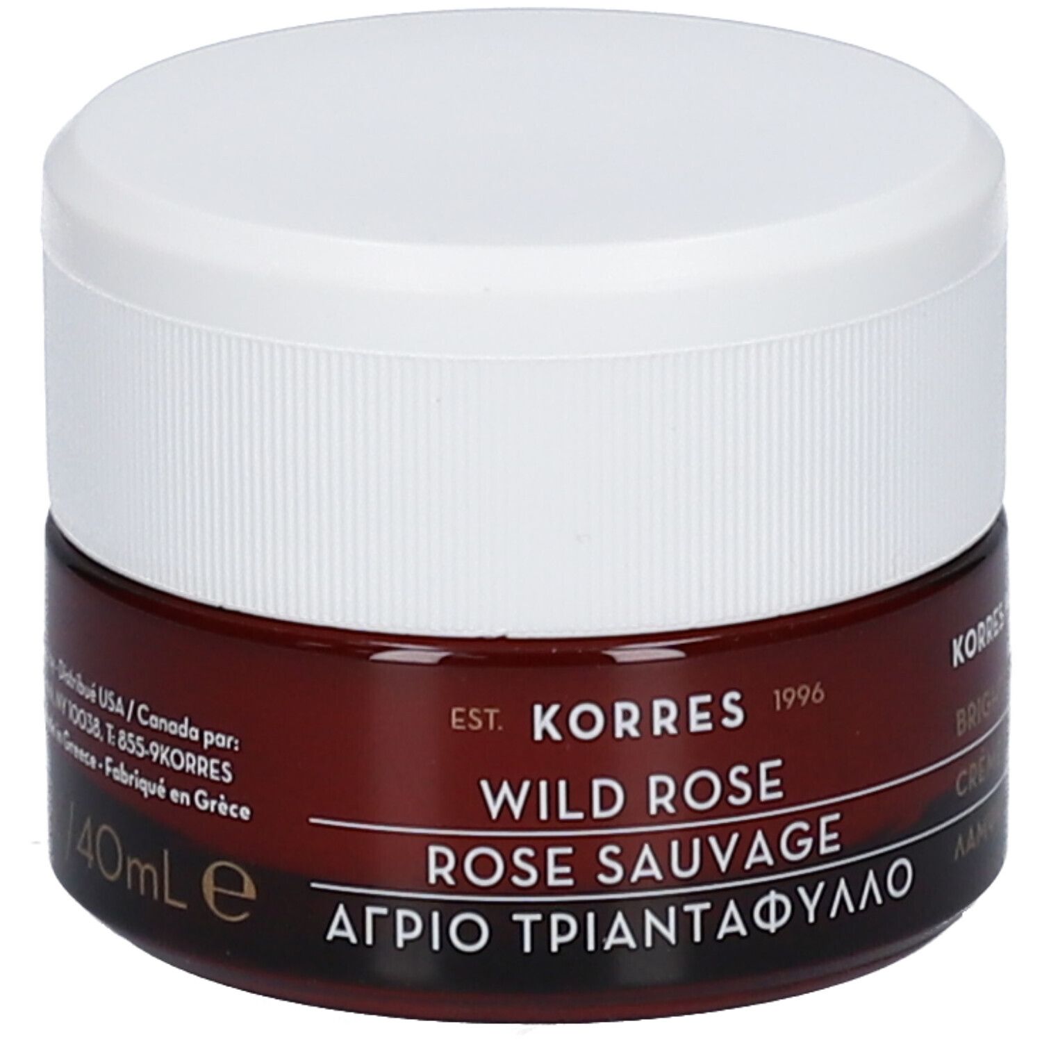 Pot de crème brun avec couvercle blanc. Inscription : 40ml e. KORRES WILD ROSE, ROSE SAUVAGE, texte grec.