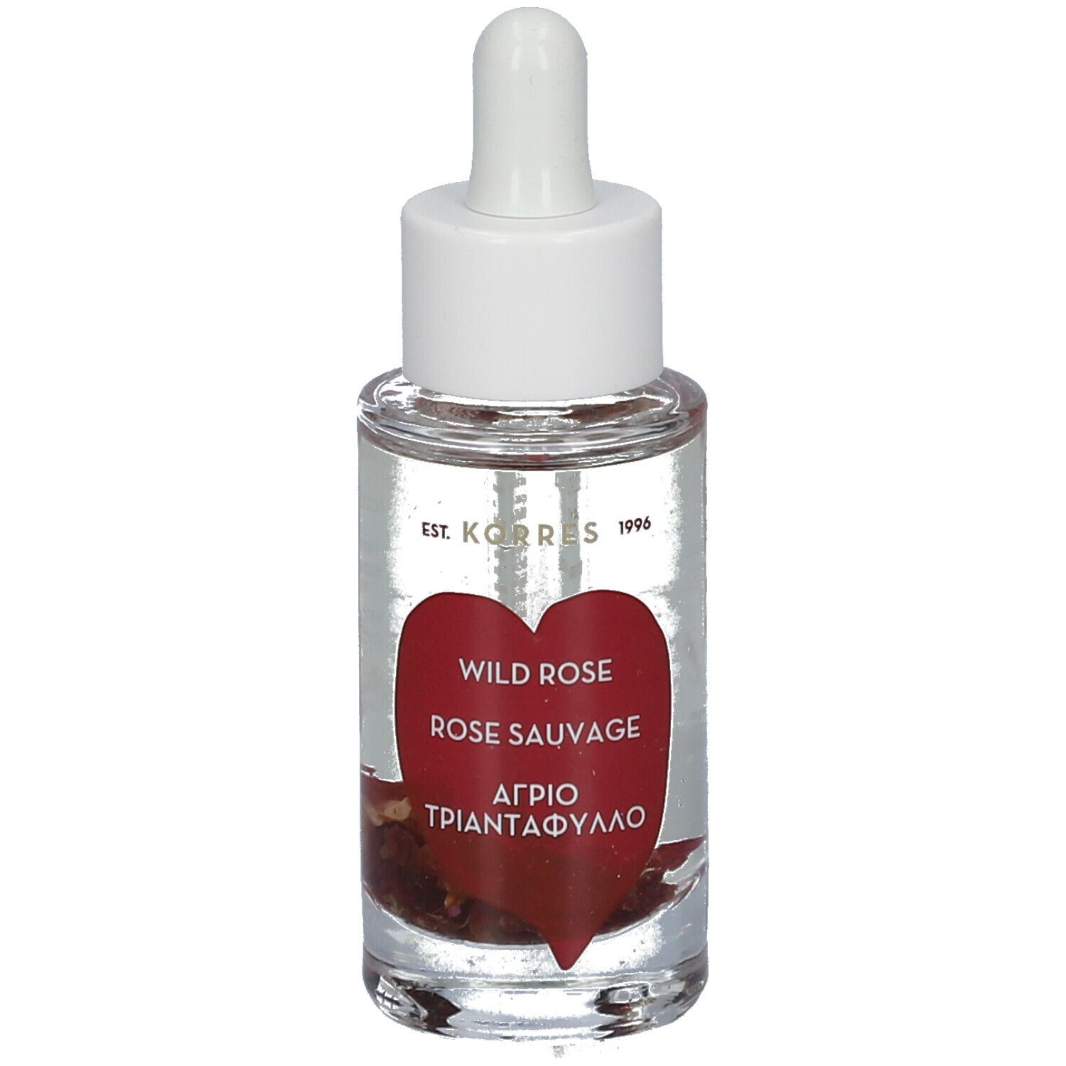 Flacon en verre transparent avec bouchon blanc et pipette. Étiquette rouge en forme de cœur avec texte. Wild Rose, Rose Sauvage, Αγριο Τριαντάφυλλο.