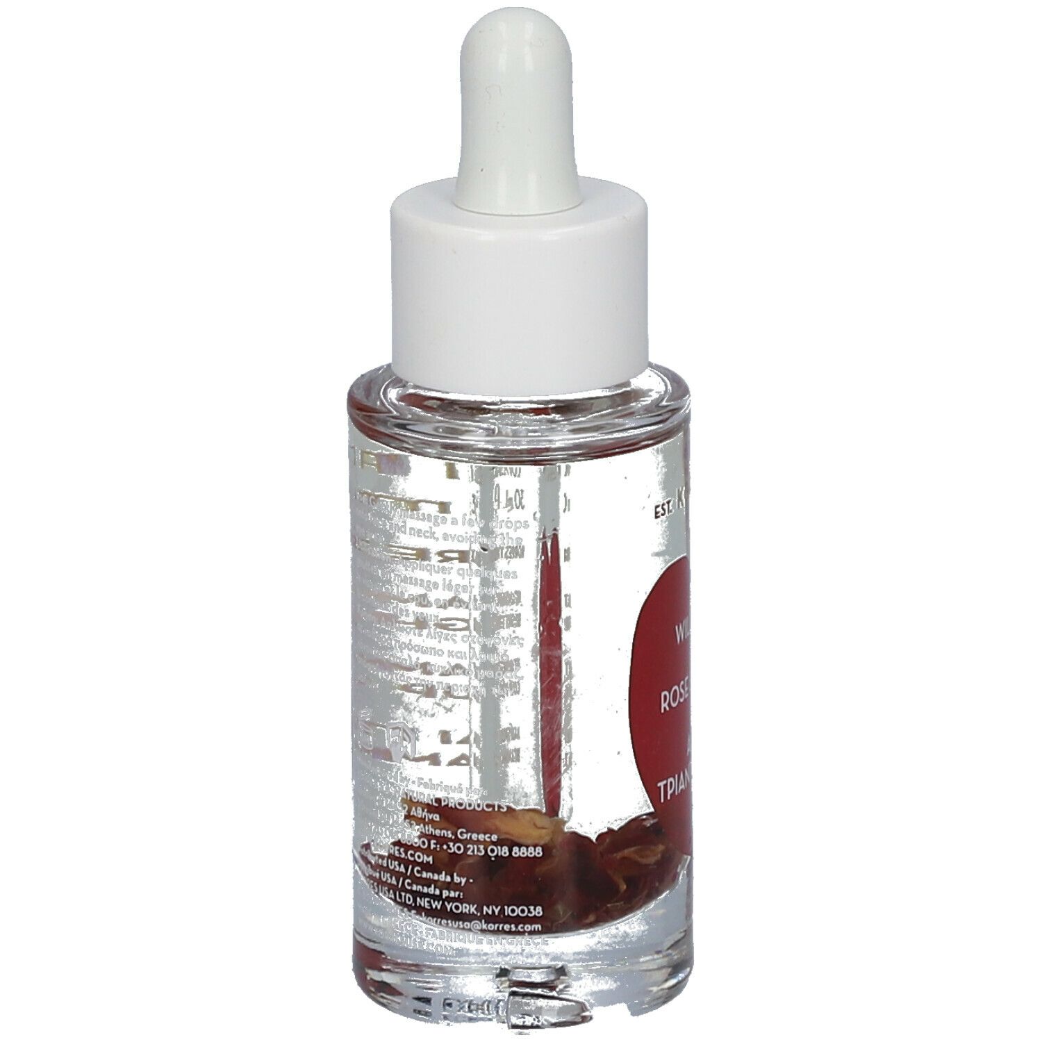 Flacon en verre transparent avec bouchon blanc et pipette. Dos avec texte. Wild Rose, Rose Sauvage, Αγριο Τριαντάφυλλο.