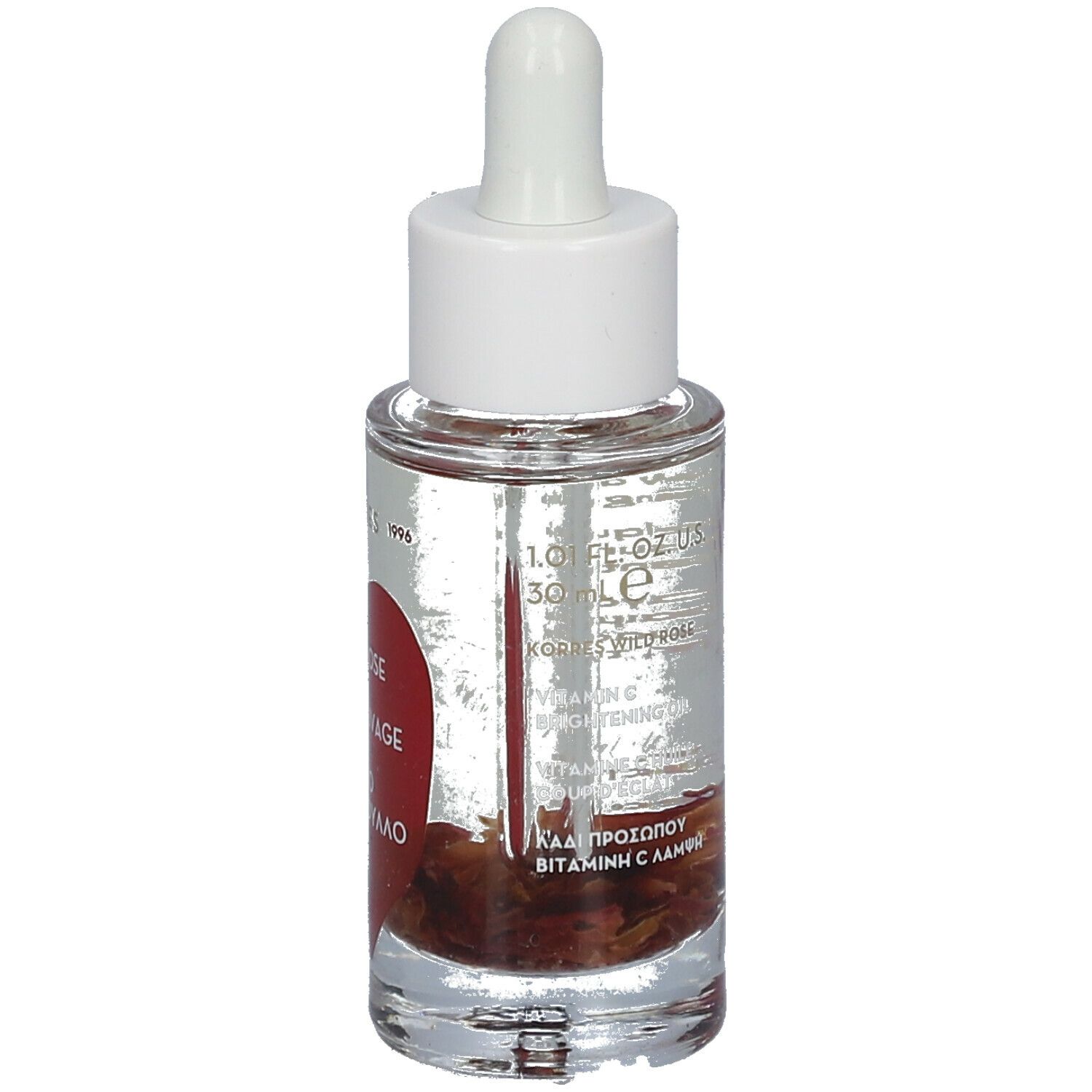 Flacon en verre transparent avec bouchon blanc et pipette. Dos avec texte. Wild Rose, Rose Sauvage, Αγριο Τριαντάφυλλο.