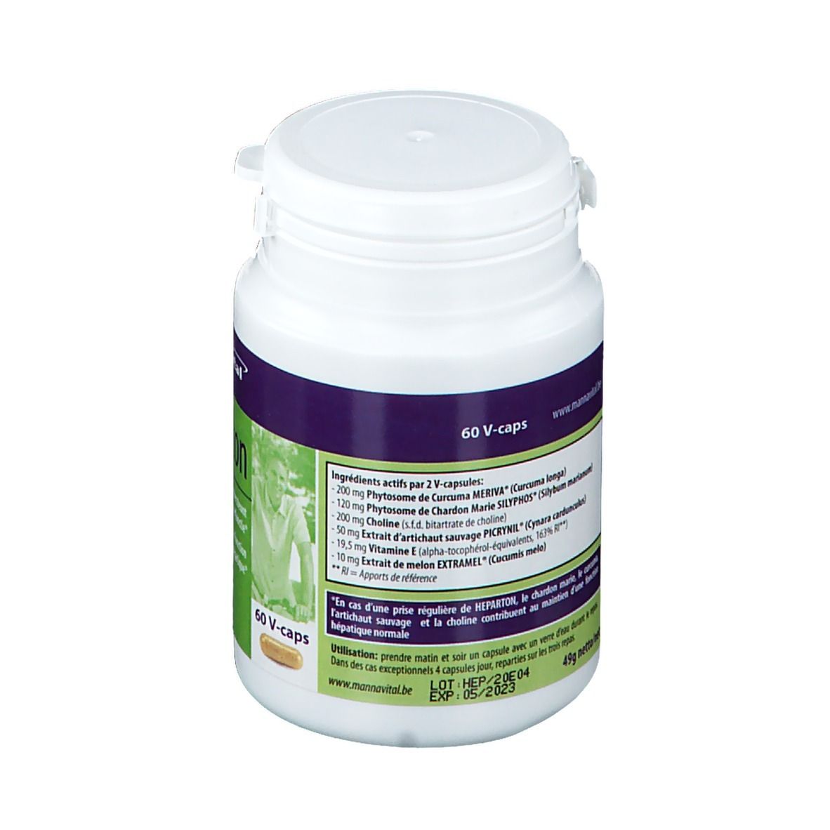 Dos du flacon blanc avec liste des ingrédients. Contient 60 V-capsules. Informations fabricant et date d'expiration.