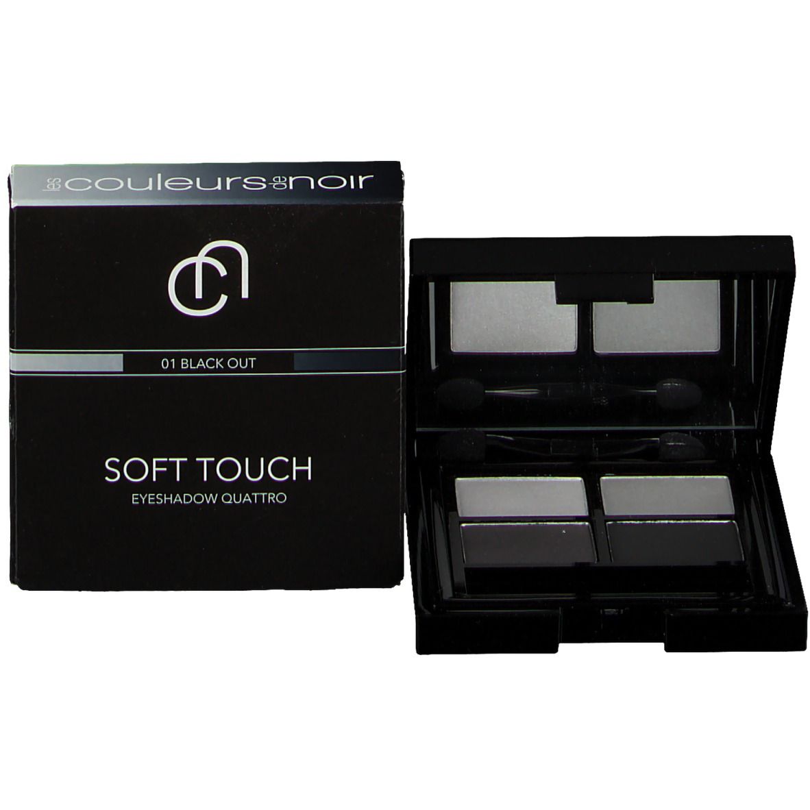Palette de fards à paupières et emballage. Palette noire avec quatre teintes. Emballage avec nom du produit.