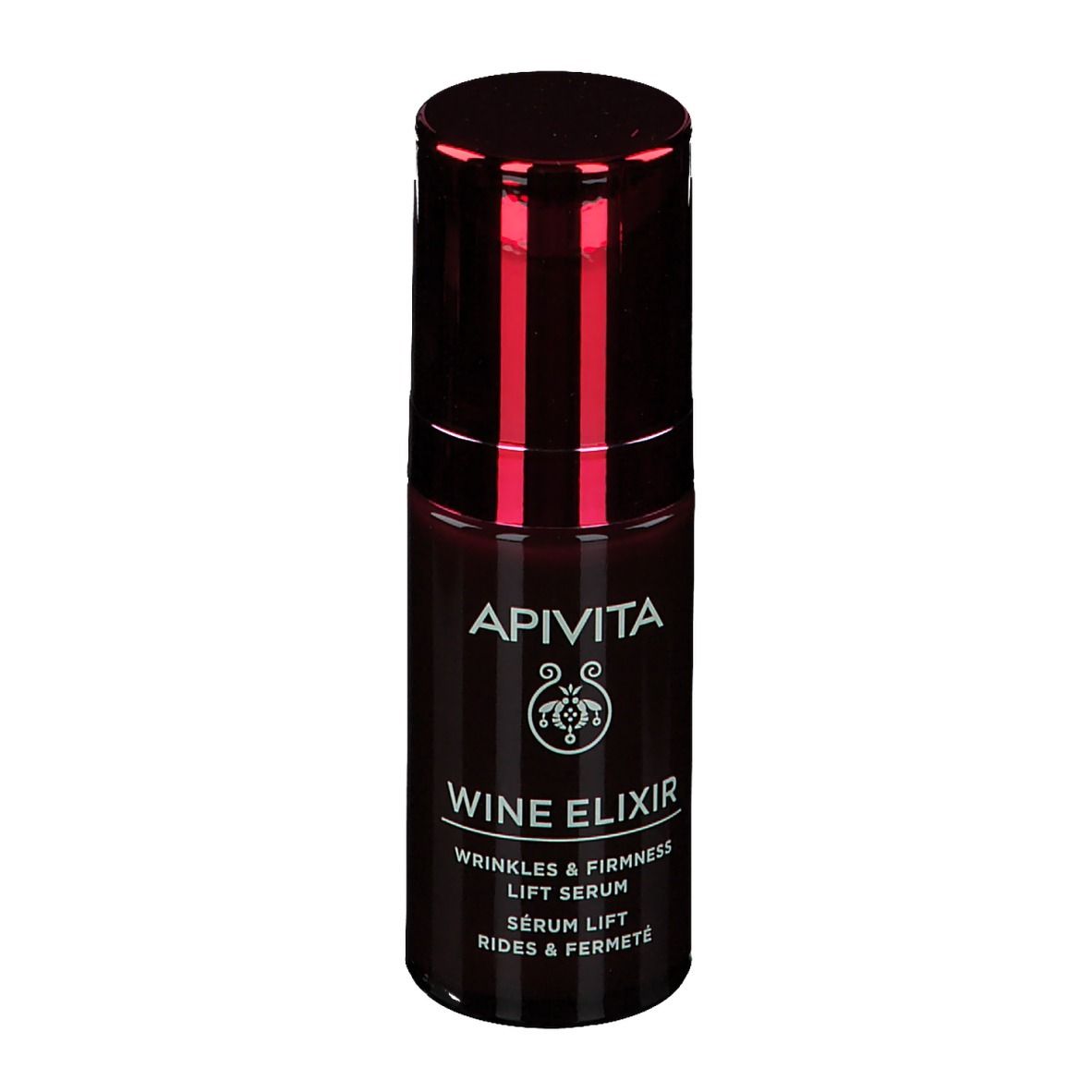 Flacon rouge foncé avec bouchon rouge. Inscription: APIVITA, Wine Elixir, Sérum Lift. Fond blanc.