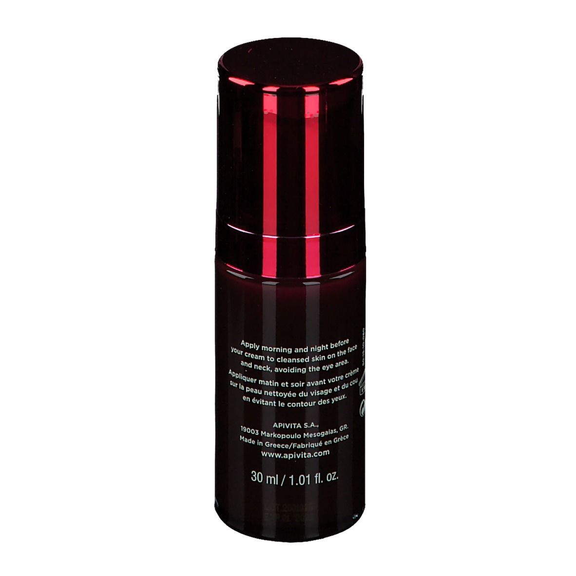 Flacon rouge foncé avec bouchon rouge. Inscription: APIVITA, Wine Elixir, Sérum Lift. Texte avec instructions.