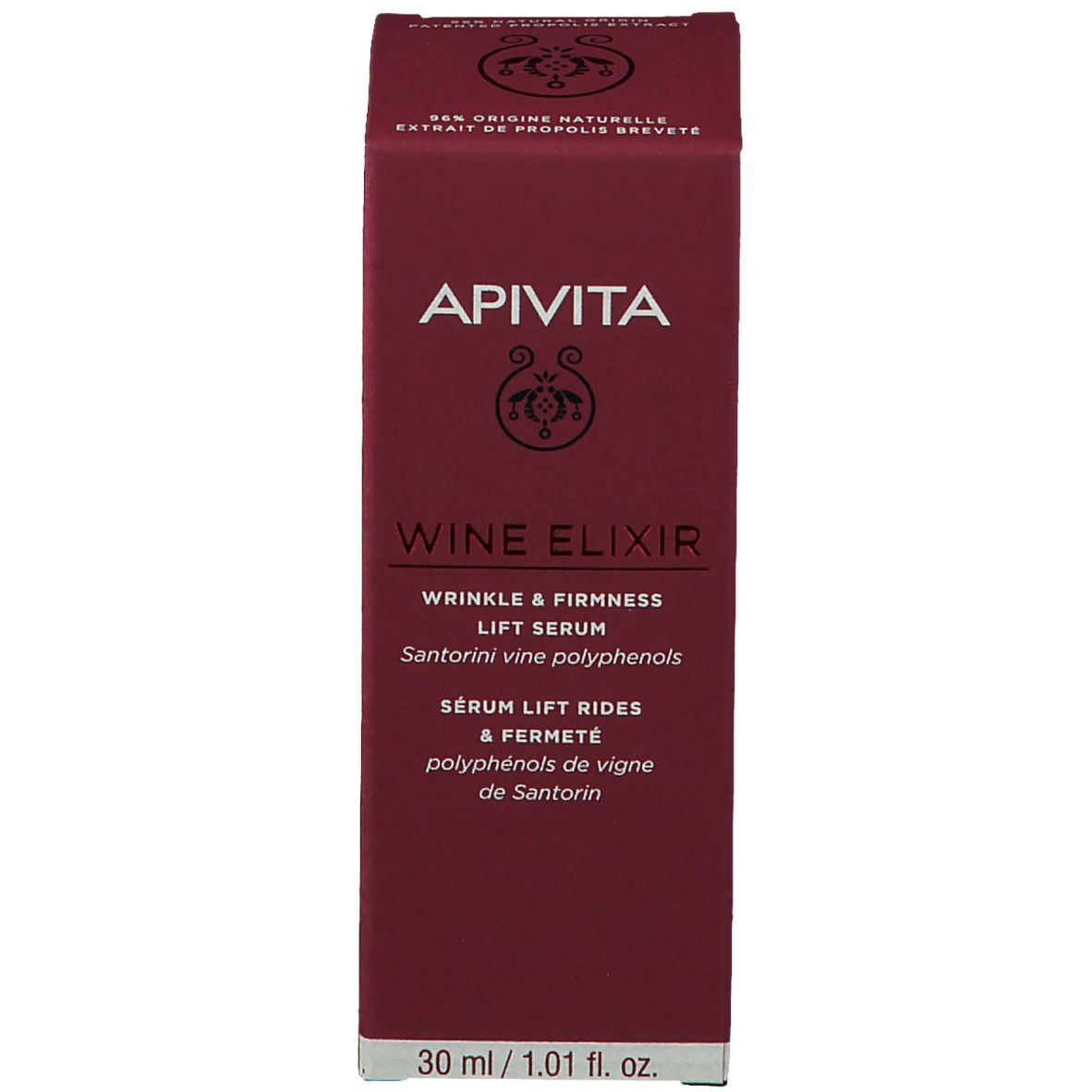 Emballage du produit. Inscription: APIVITA, Wine Elixir, Sérum Lift. Boîte rouge avec informations.