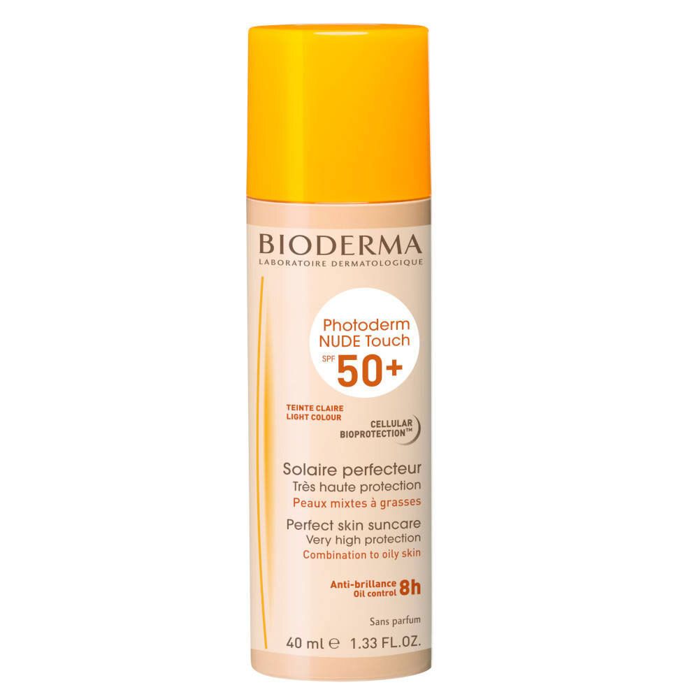 Flacon BIODERMA Photoderm NUDE Touch SPF 50+. Bouchon jaune-orangé, flacon beige. Texte: SPF 50+, Teinte Claire, 40 ml.