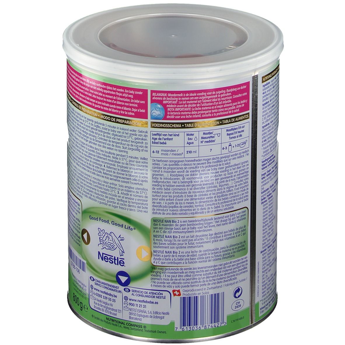 Dos de la boîte Nestle NAN Bio 2. Texte multilingue. Logo Nestle. 800g. Tableau nutritionnel.