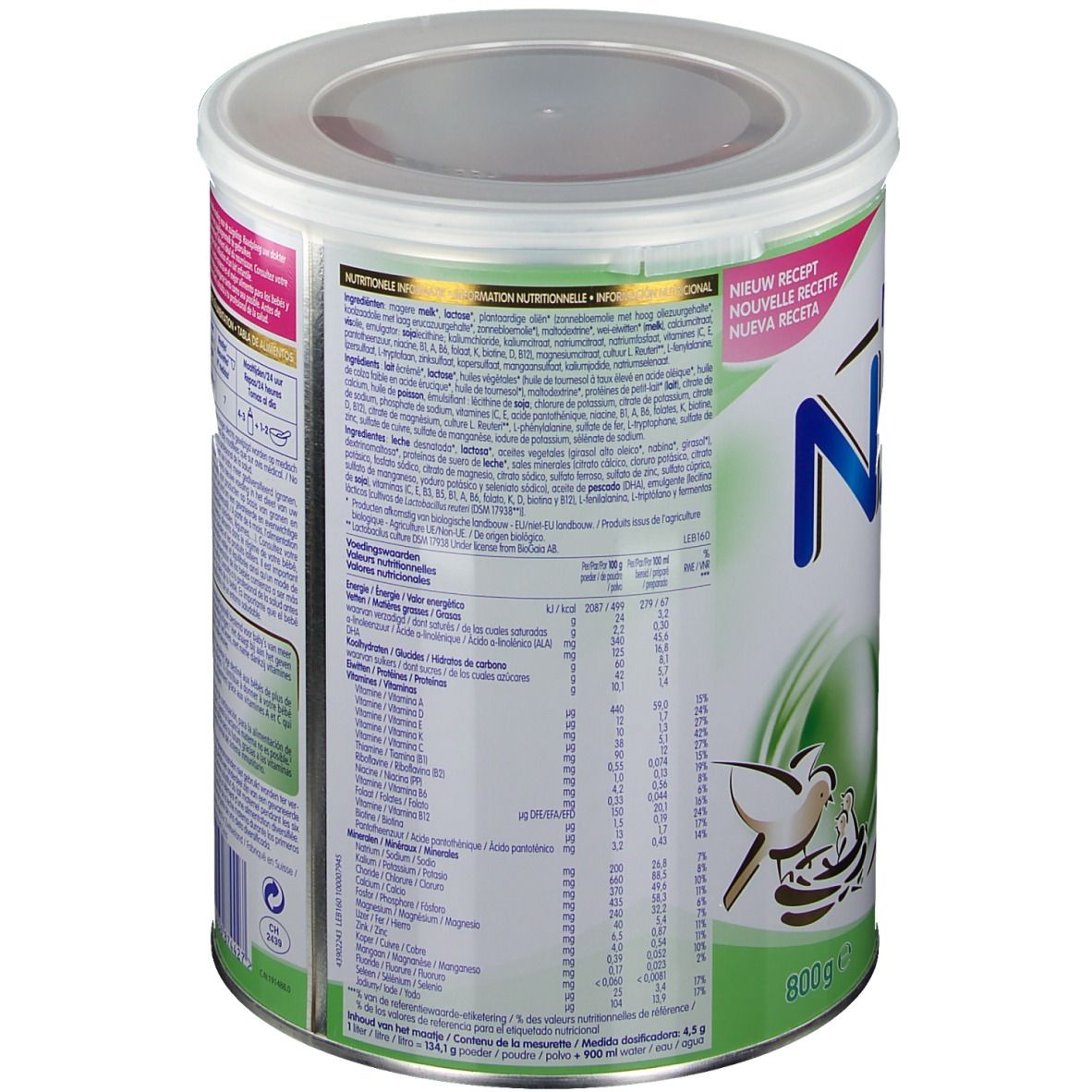 Dos de la boîte Nestle NAN Bio 2. Texte multilingue. Logo Nestle. 800g. Informations nutritionnelles.