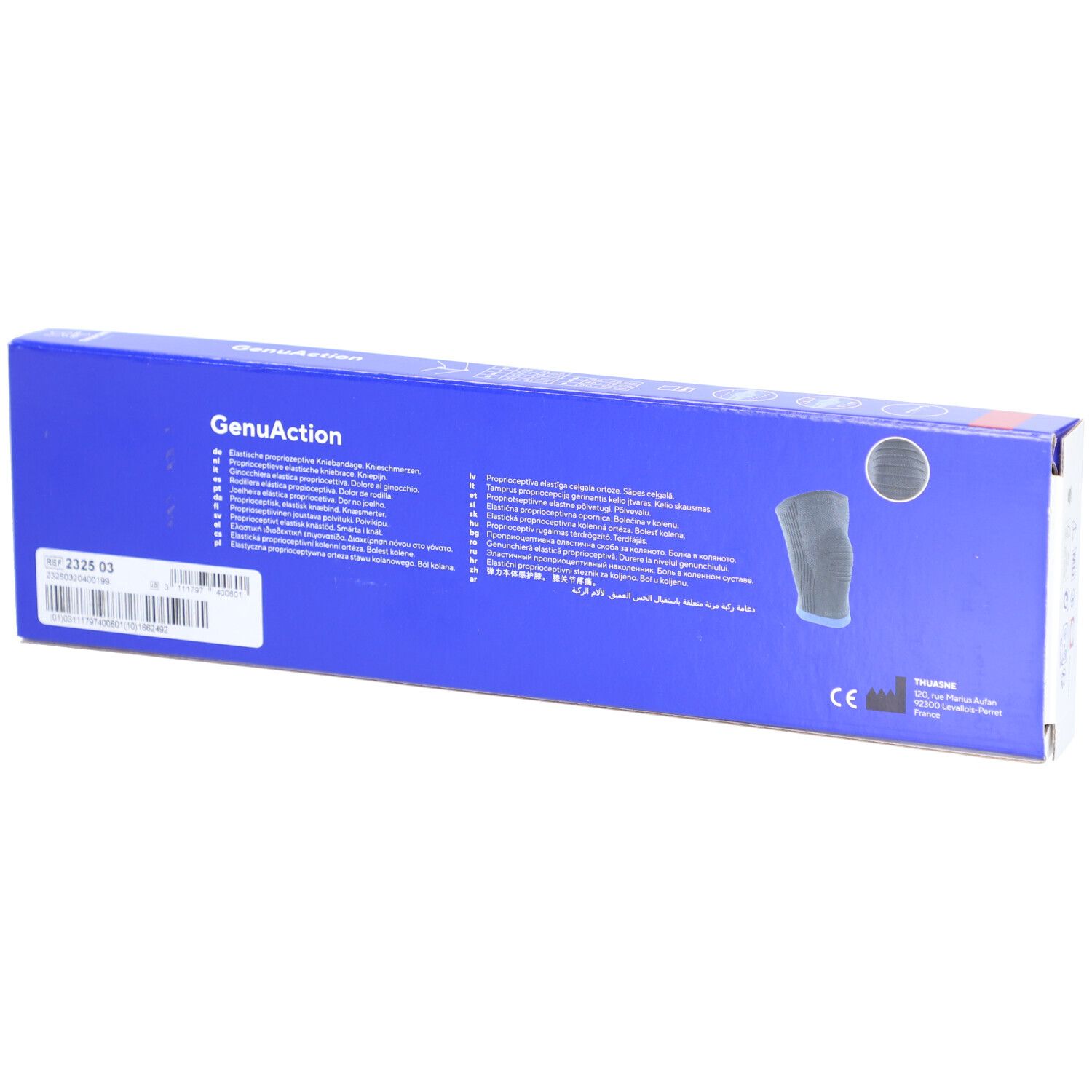Dos de l'emballage de l'orthèse de genou Thuasne GenuAction. Nom du produit, image, texte multilingue et marquage CE.