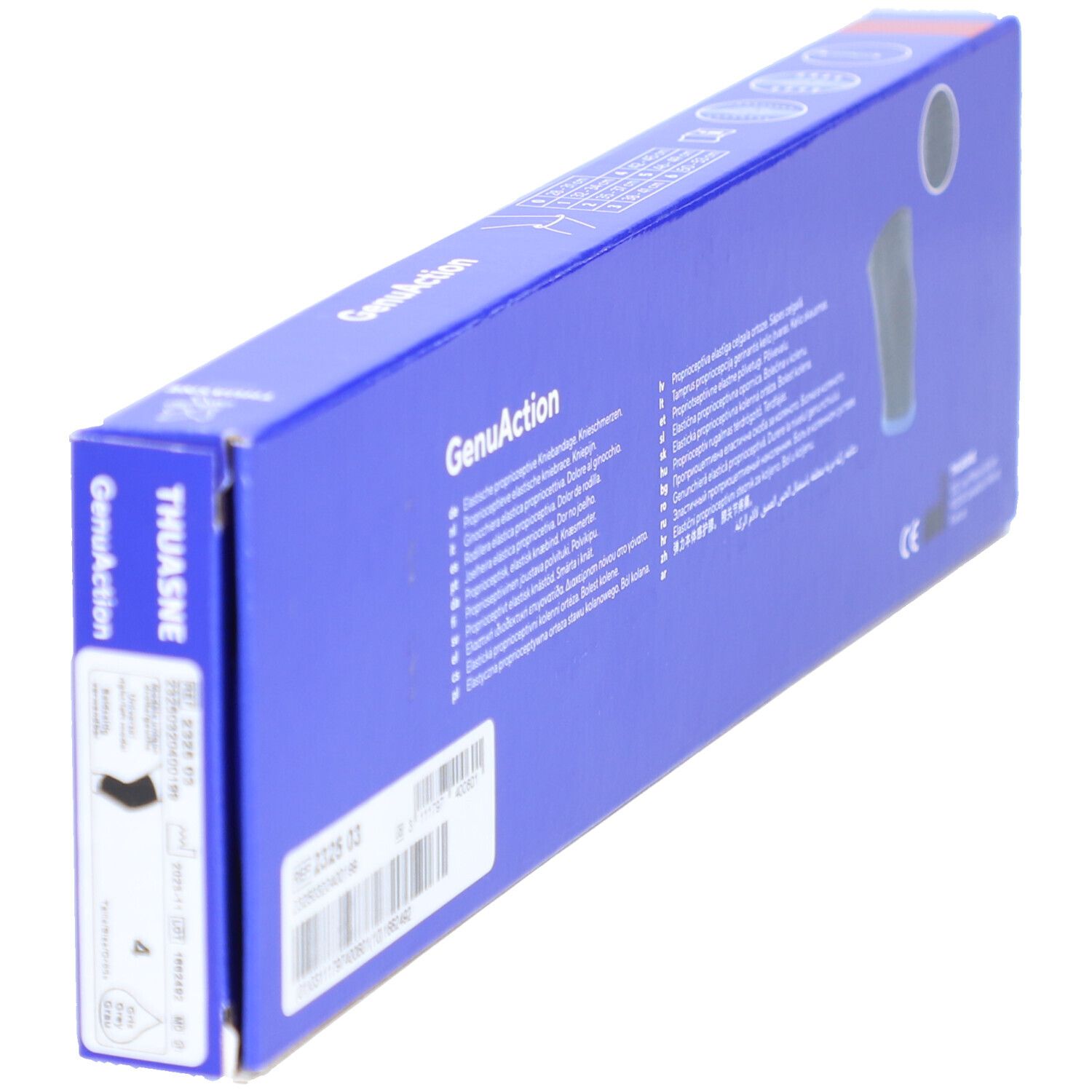 Gros plan sur l'emballage de l'orthèse de genou Thuasne GenuAction. Nom du produit, tailles, code-barres et marquage CE.