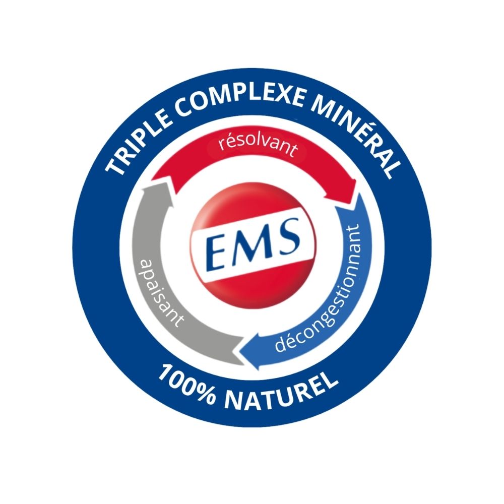 Logo bleu avec cercle rouge et texte blanc : Triple Complexe Minéral, 100% Naturel. Logo EMS.