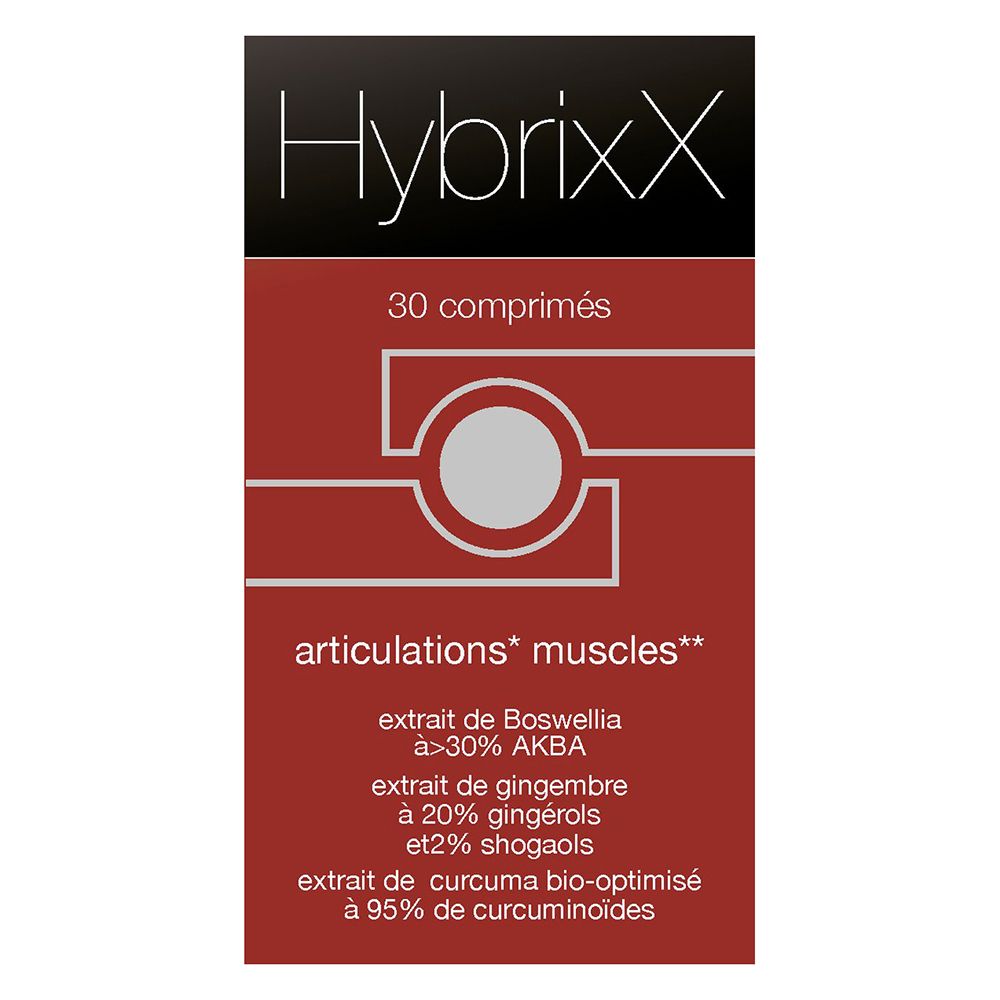 Boîte Hybrixx, 30 comprimés. Face avant rouge avec informations produit.