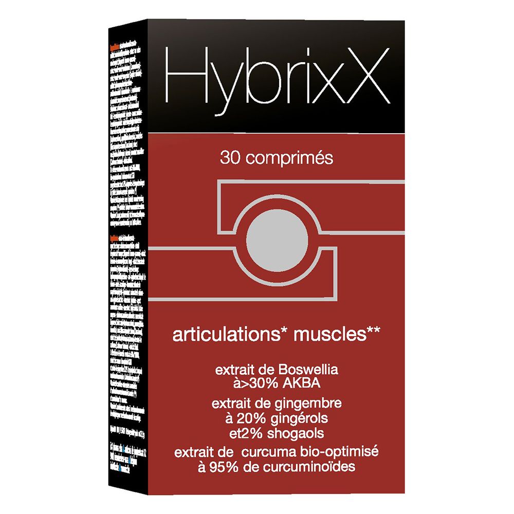 Boîte Hybrixx, 30 comprimés. Face avant rouge avec informations produit.