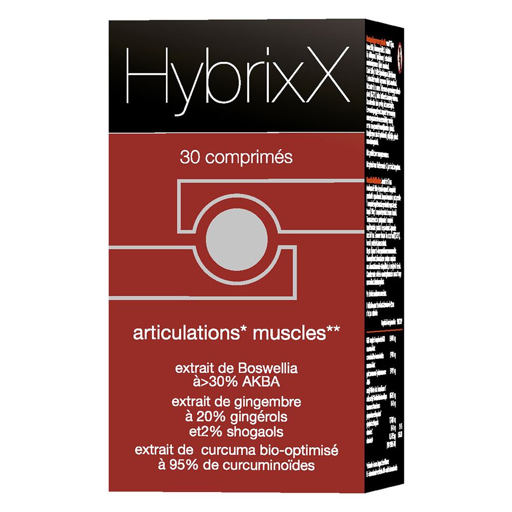 Boîte Hybrixx, 30 comprimés. Face avant rouge avec informations produit.