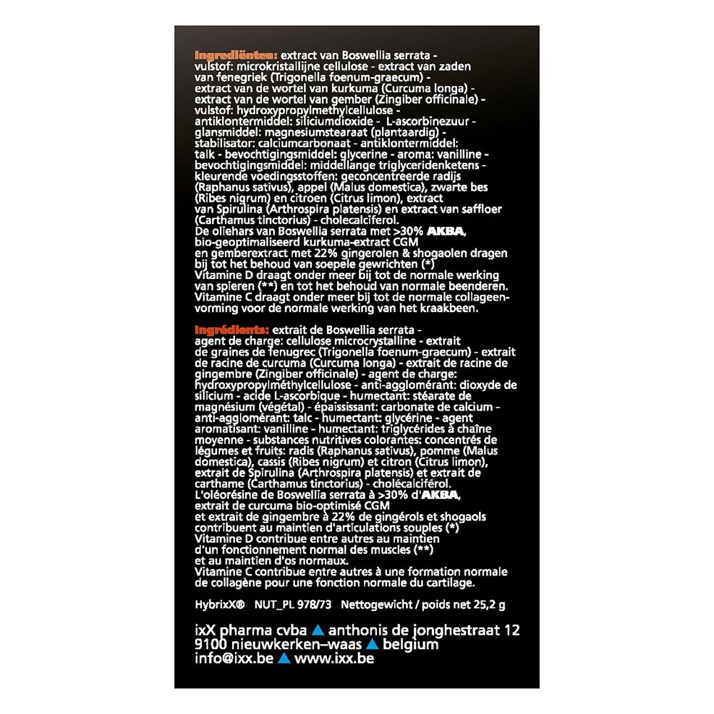 Boîte Hybrixx, 30 comprimés. Face avant rouge avec informations produit.