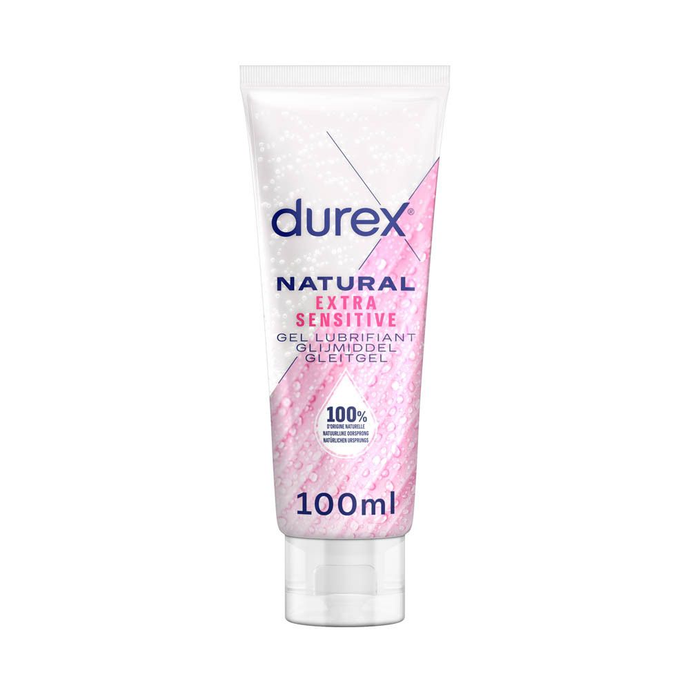 Tube blanche et rose "durex Natural Extra Sensitive". Contient 100ml. Gel lubrifiant transparent visible.