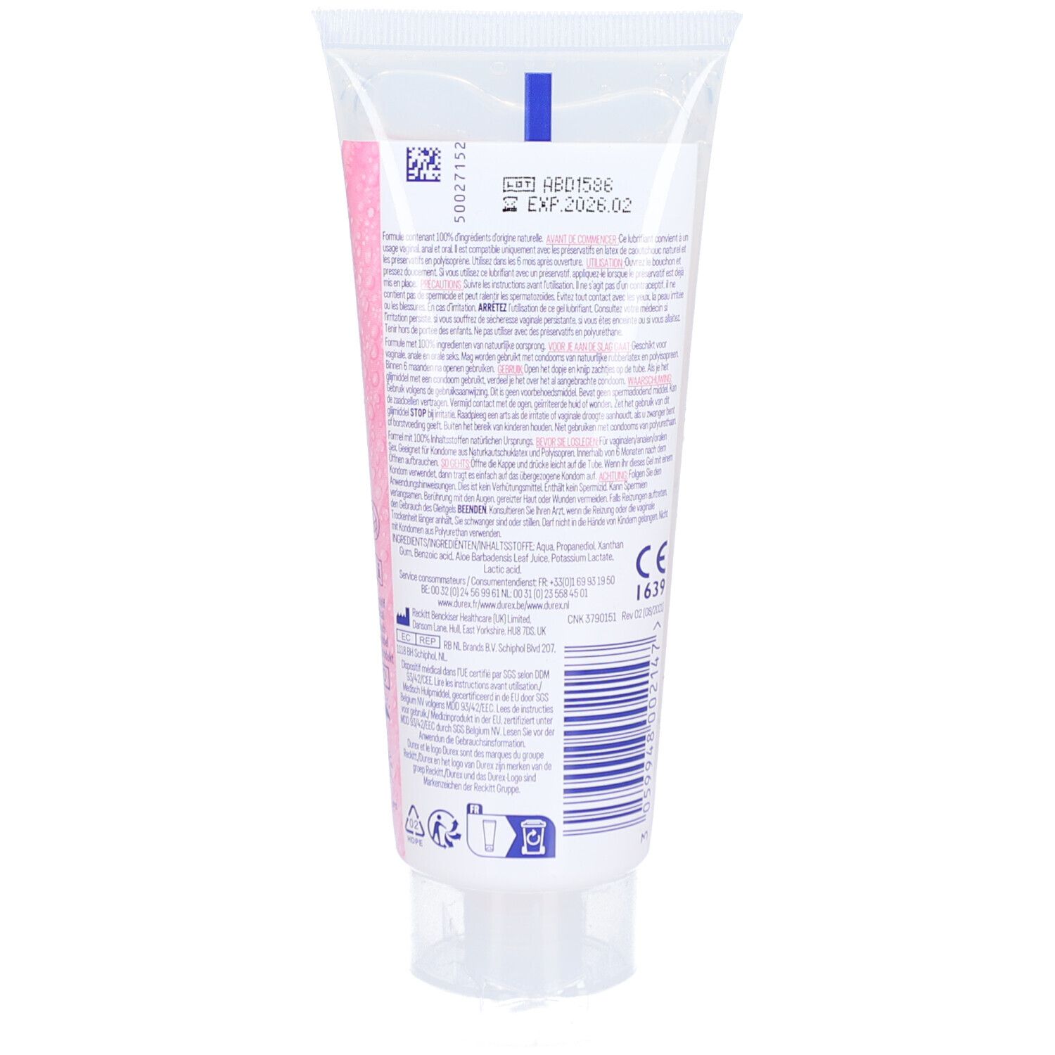 Dos d'un tube de gel transparent. Texte et logos bleus et roses. Informations sur les ingrédients et la durabilité.