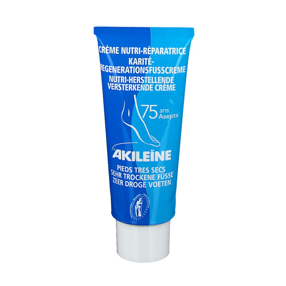 Tube bleu avec bouchon blanc. Texte: Crème Nutri-Réparatrice, Akileine, pieds très secs, 75 ans Asepta.