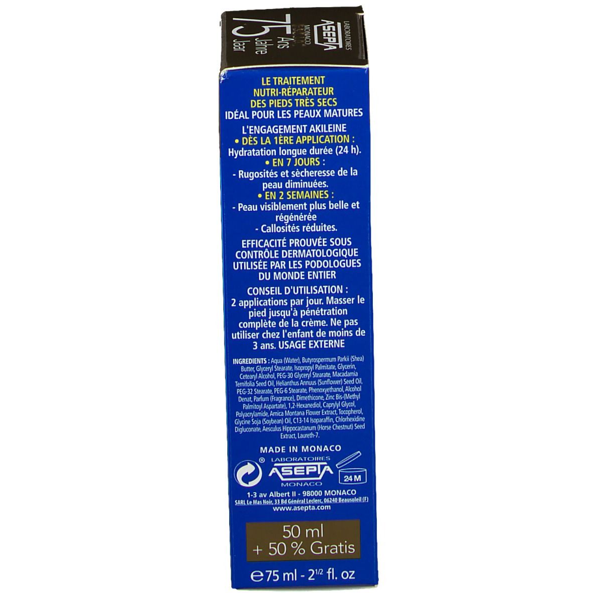 Dos de la boîte. Texte: Le traitement nutri-réparateur, idéal pour les pieds très secs, 50 ml + 50 % Gratis, Asepta.
