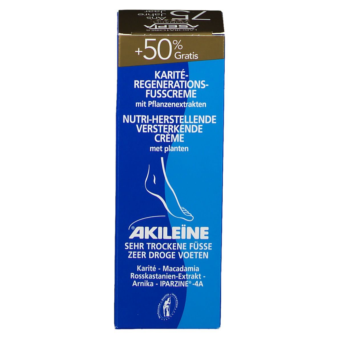 Emballage produit. Boîte: Karité-Regenerations-Fusscreme, +50% Gratis, Akileine, sehr trockene Füsse.