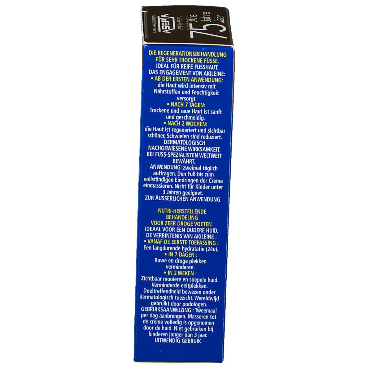 Dos de la boîte. Texte: Die Regenerationsbehandlung für sehr trockene Füsse, Asepta, 75 ans.