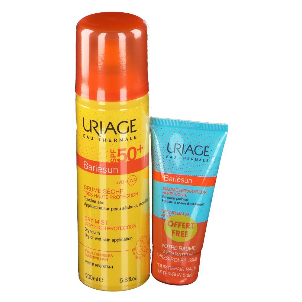 Spray solaire et baume après-soleil. Spray jaune-orange, baume bleu-orange. Logos URIAGE et SPF50+ visibles.