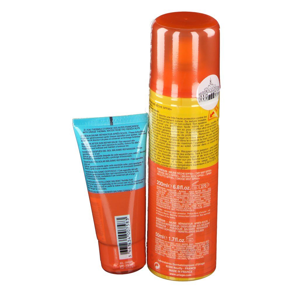 Dos du spray solaire et du baume après-soleil. Flacon jaune-orange, tube bleu-orange. Informations et code-barres.