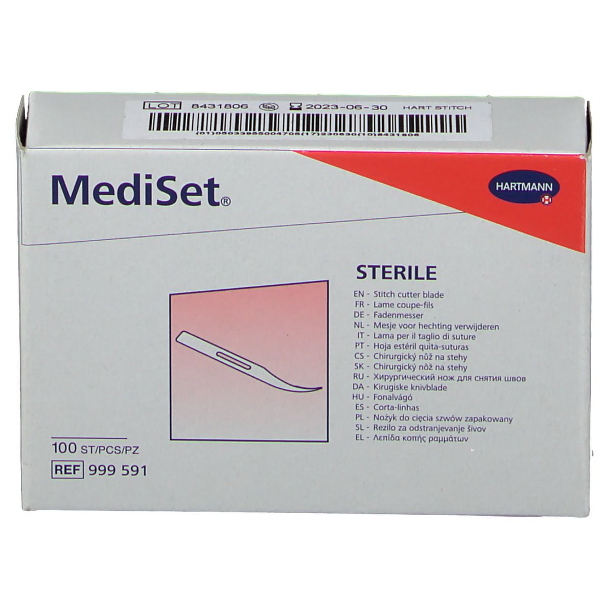 Boîte Mediset avec logo et nom du produit. 'STERILE' et une illustration des lames. Logo Hartmann. 100 pièces.