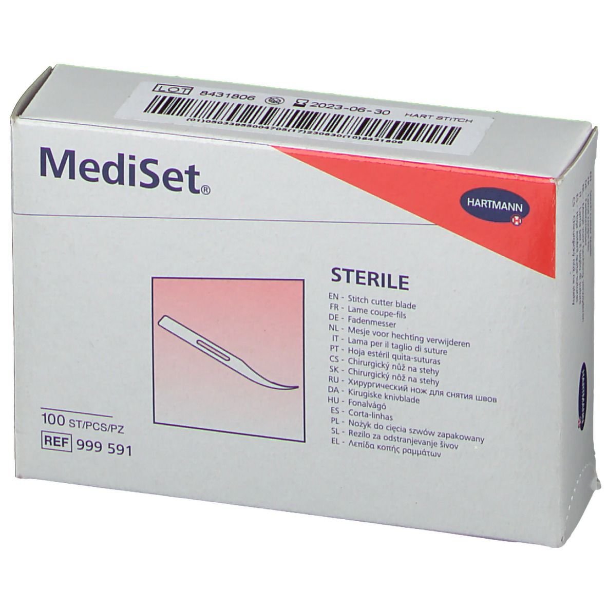Boîte Mediset avec logo et nom du produit. 'STERILE' et une illustration des lames. Logo Hartmann. 100 pièces.