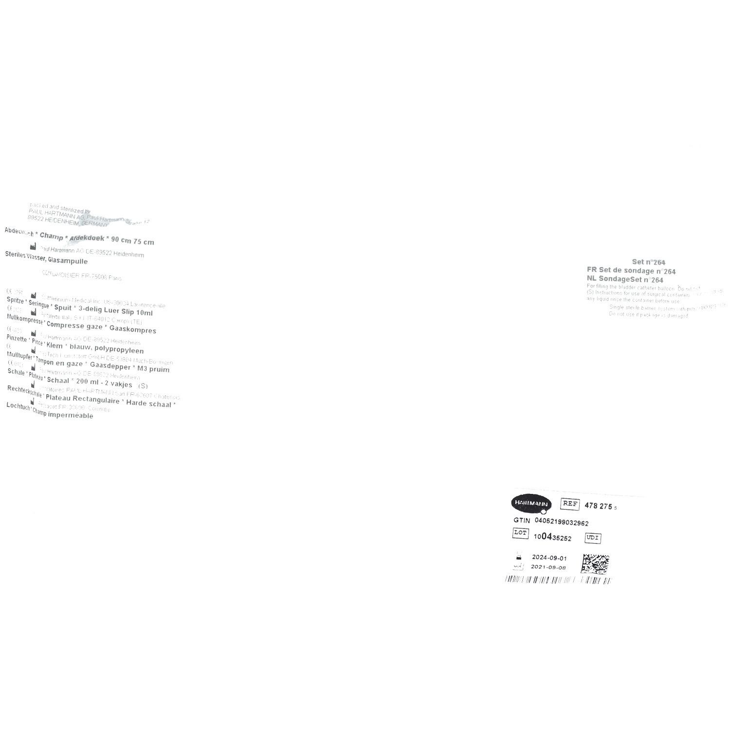 Fond blanc avec texte et une étiquette. Étiquette avec code-barres et informations produit.