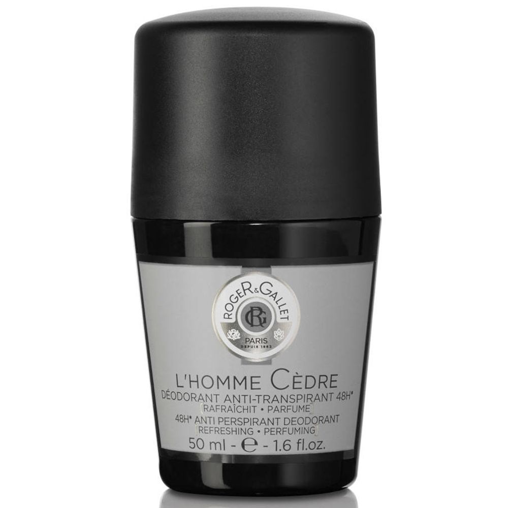 Déodorant roll-on Roger & Gallet. Bouchon noir, bandeau gris avec texte. Logo et nom du produit. 50 ml.
