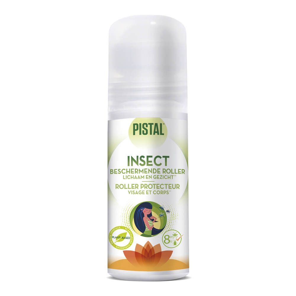 Pistal Roller Anti-Insect: 50ml. Avec fleur de lotus et symboles d'insectes. Plant-Based.