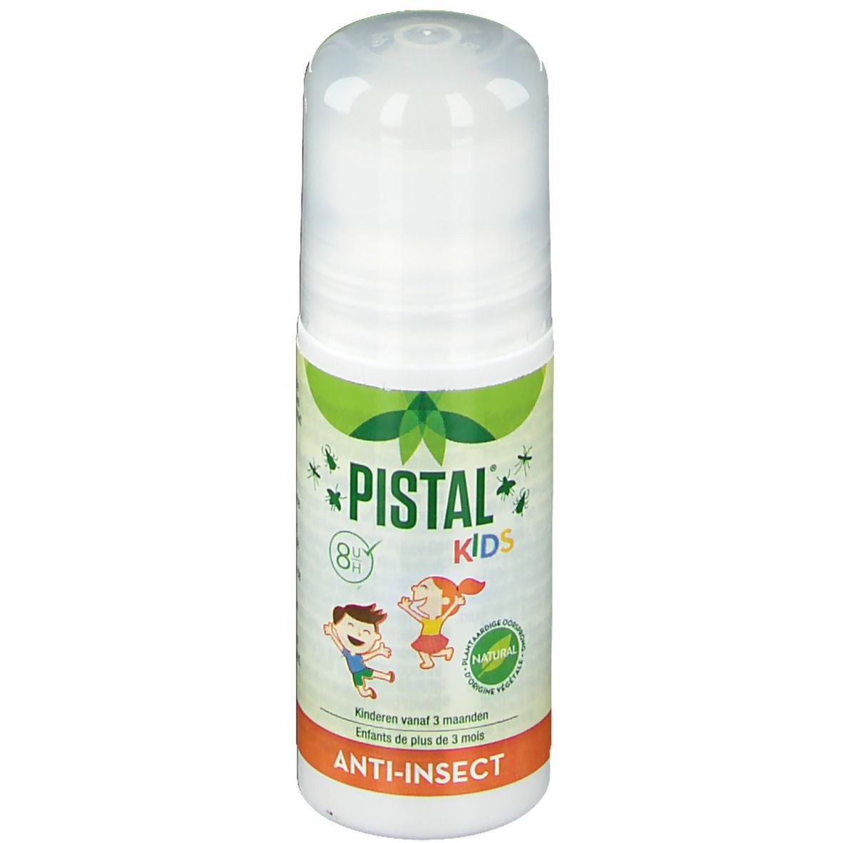 Roll-on blanc avec étiquettes vertes et orange. Inscription : PISTAL KIDS, Anti-Insect. Illustration d'enfants.