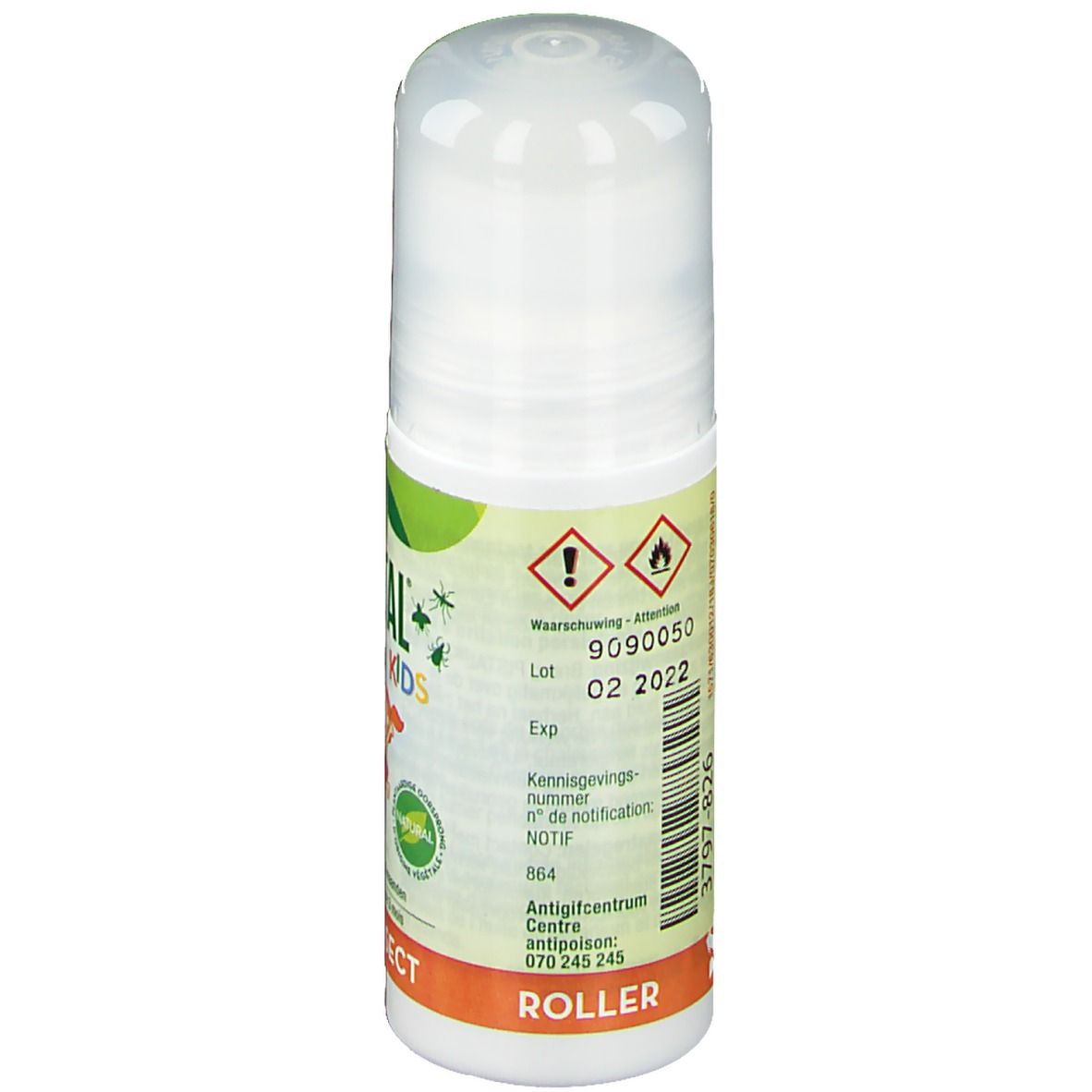 Roll-on blanc avec étiquettes. Avertissements et texte. Inscription : ROLLER. Numéro de lot et date d'expiration.