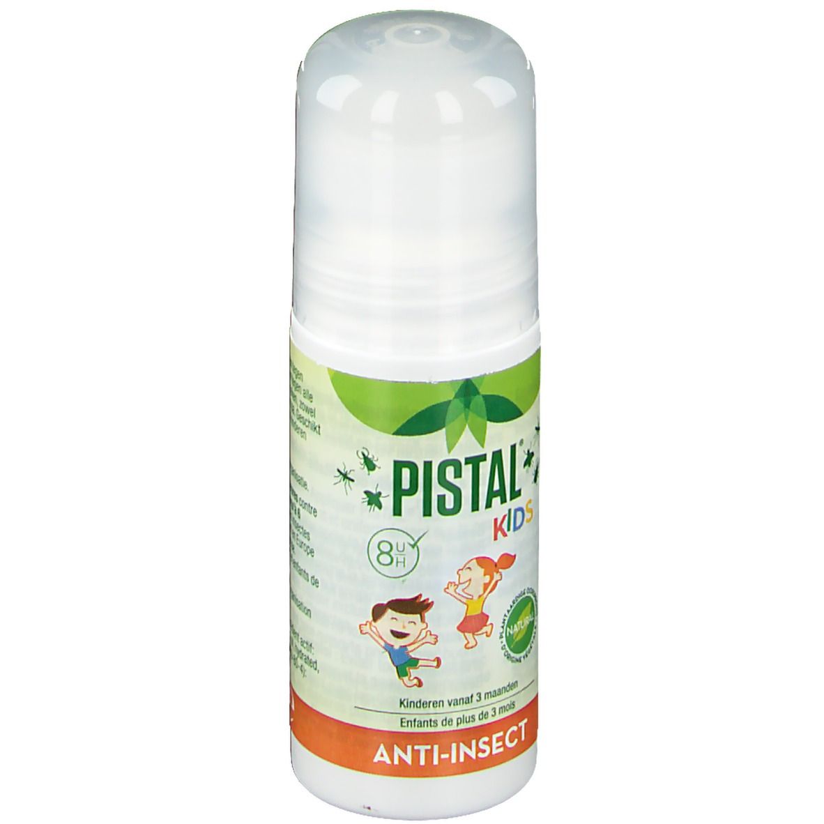 Roll-on blanc avec étiquettes vertes et orange. Inscription : PISTAL KIDS, Anti-Insect. Illustration d'enfants.