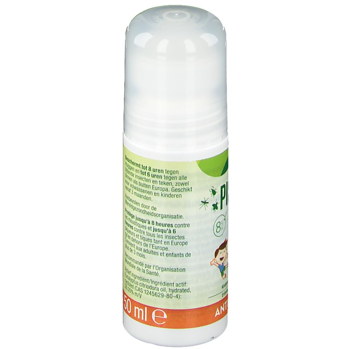 Roll-on blanc avec étiquettes. Texte et avertissements. Inscription : 50 ml. Illustration d'enfants.