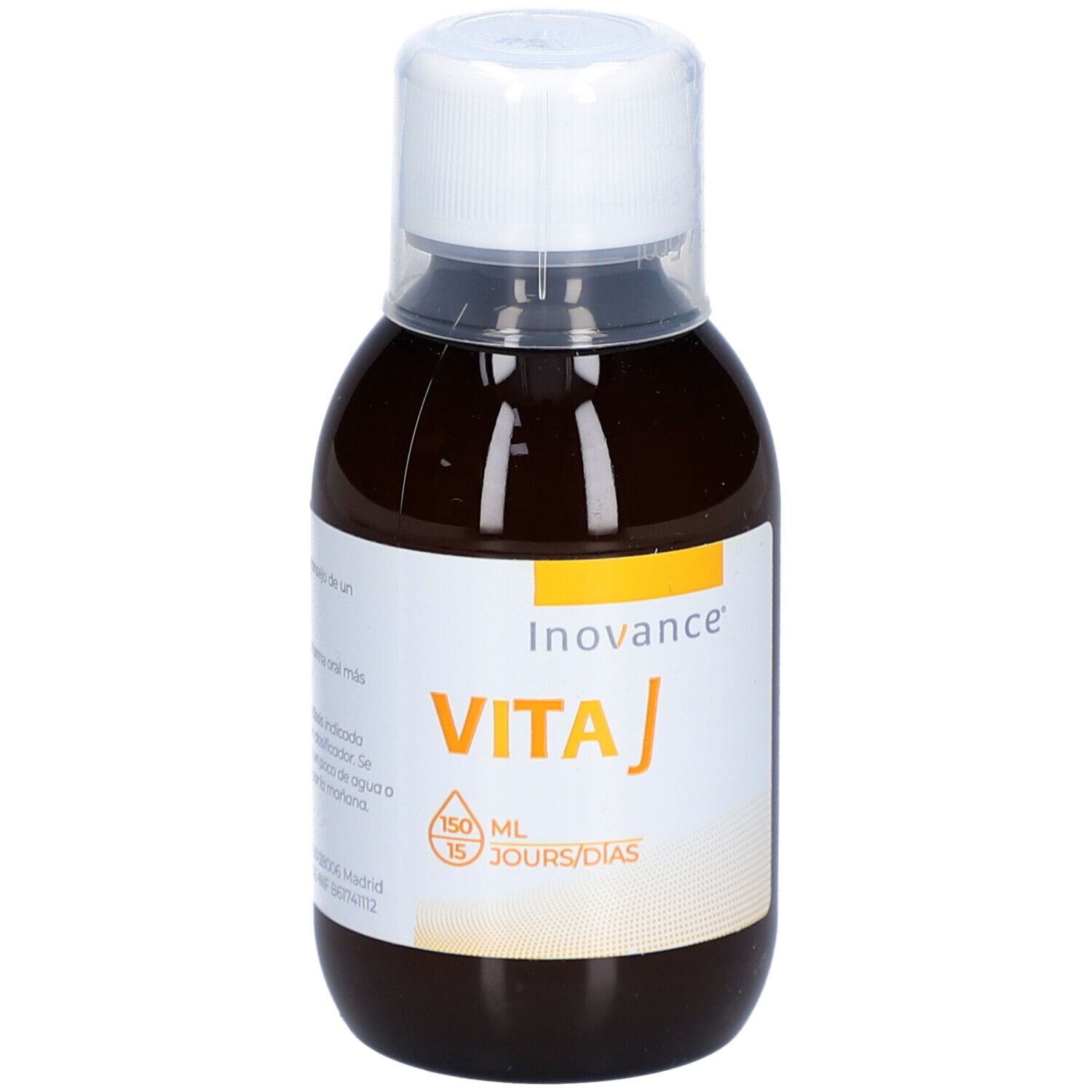 Liquide brun dans une bouteille à bouchon blanc. Inscription : VITA J. Marque : Inovance. Étiquette avec informations.