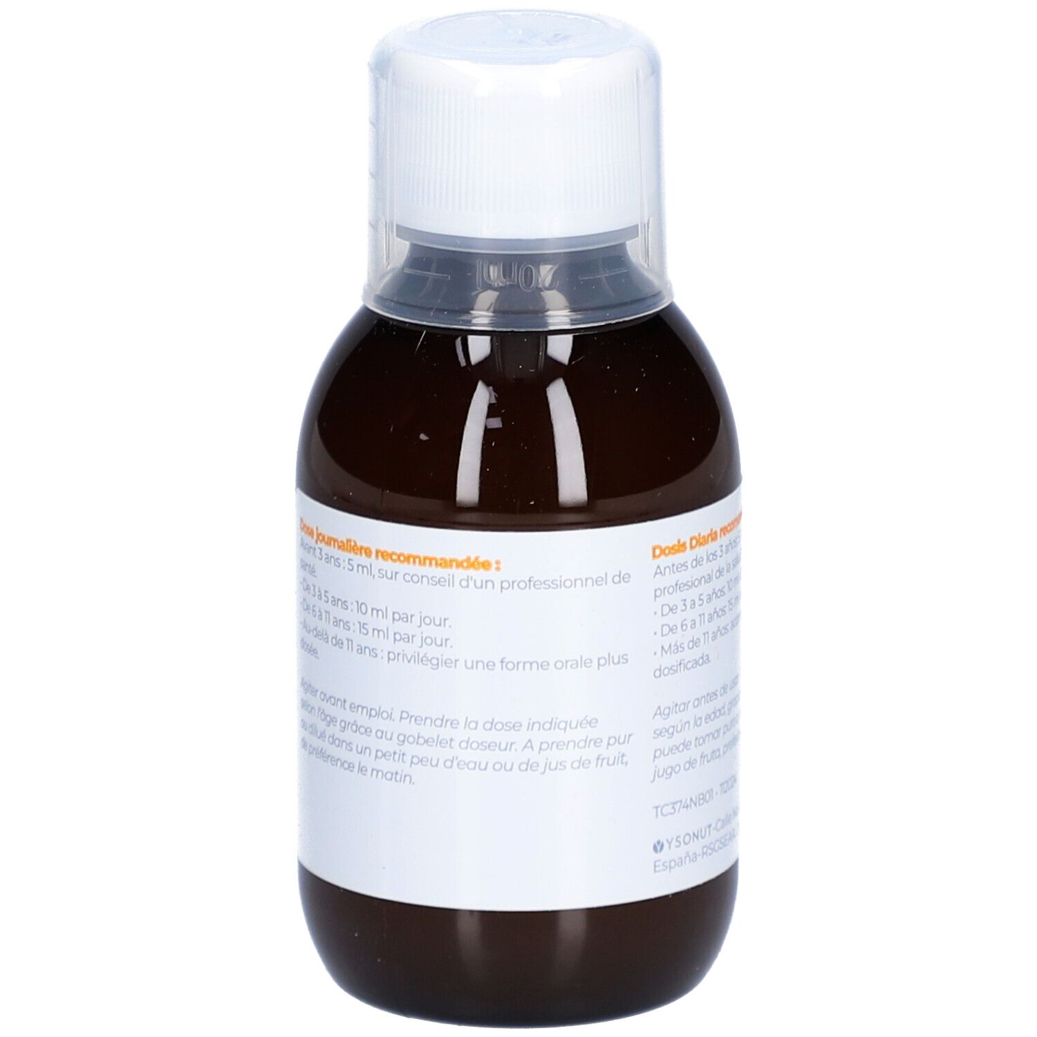 Bouteille de liquide brun. Inscription : VITA J. Étiquette avec informations. Bouchon blanc. Marque : Inovance.