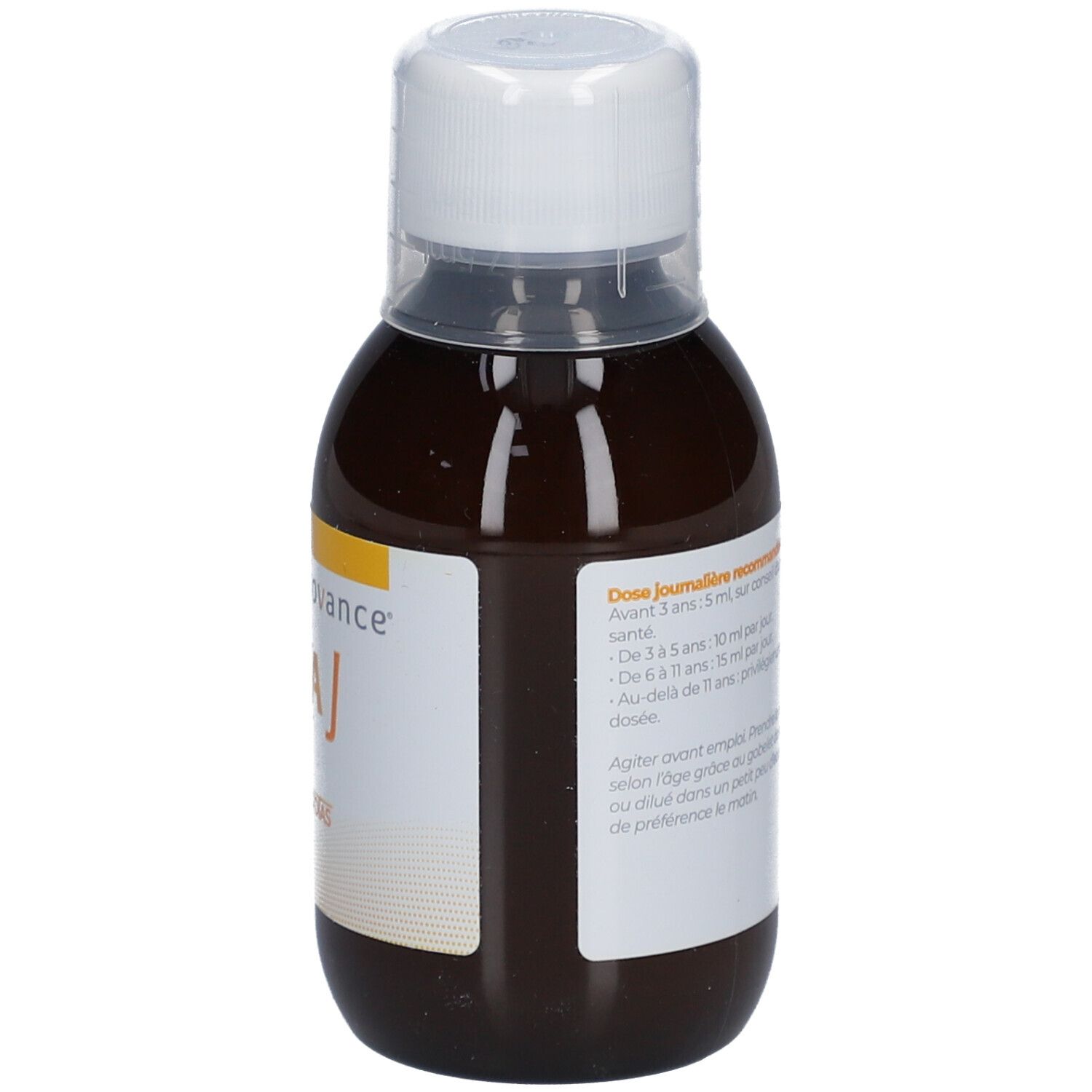 Bouteille de liquide brun. Inscription : VITA J. Étiquette avec informations. Bouchon blanc. Marque : Inovance.