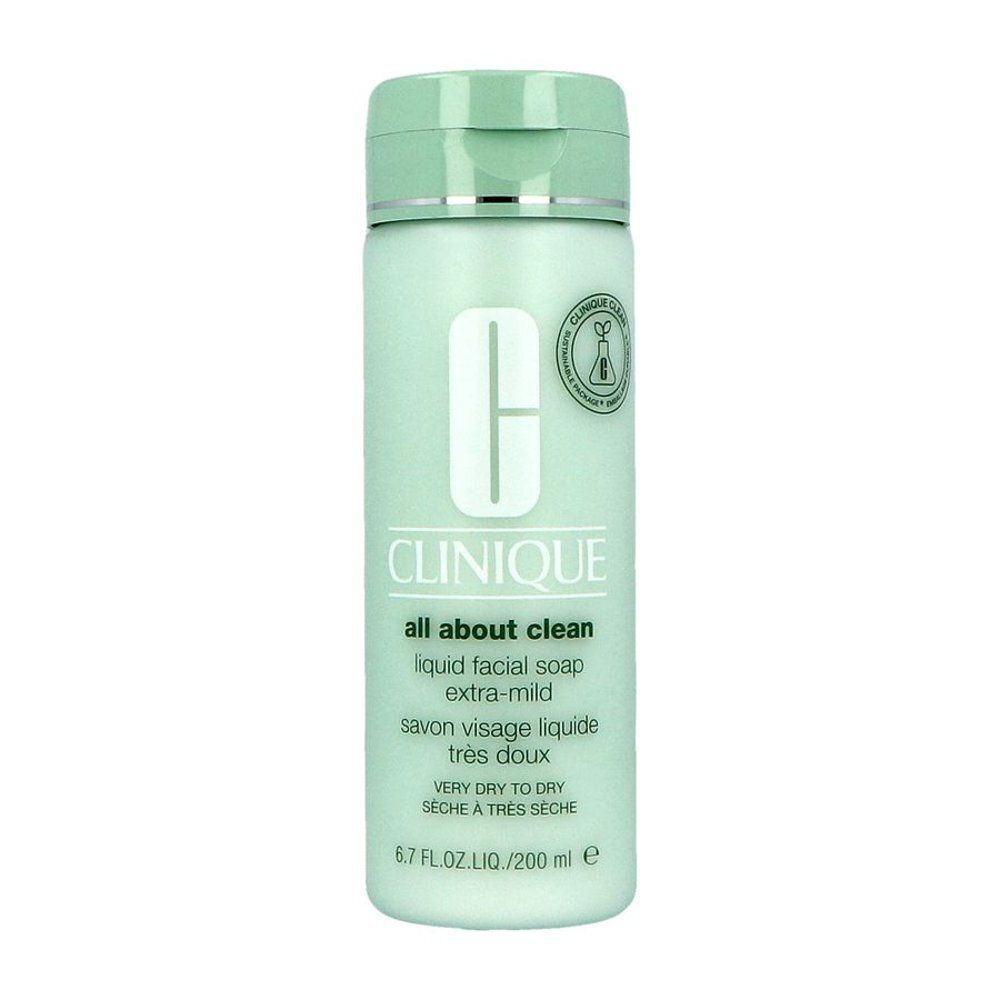 Flacon vert clair avec bouchon rabattable. Inscription : CLINIQUE all about clean liquid facial soap extra-mild. Avec logo.