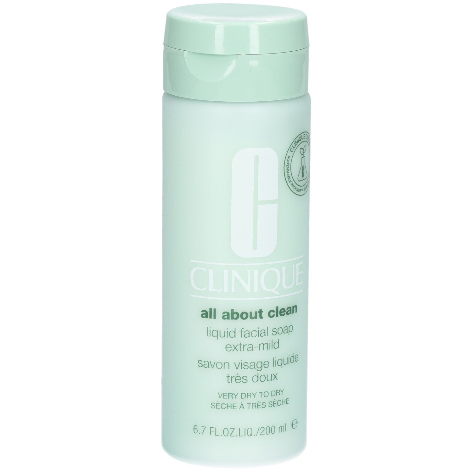 Flacon vert clair avec bouchon rabattable. Inscription : CLINIQUE all about clean liquid facial soap extra-mild. Pour peaux sèches.