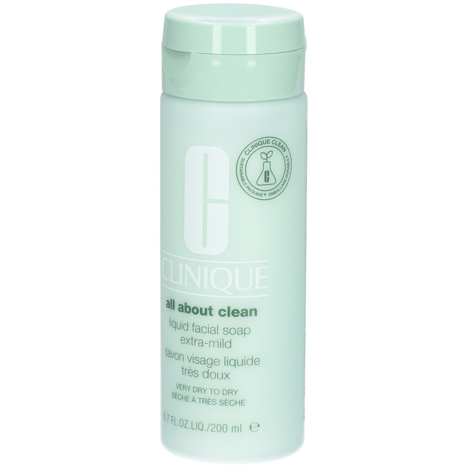Flacon vert clair avec bouchon rabattable. Inscription : CLINIQUE all about clean liquid facial soap extra-mild. Pour peaux sèches.