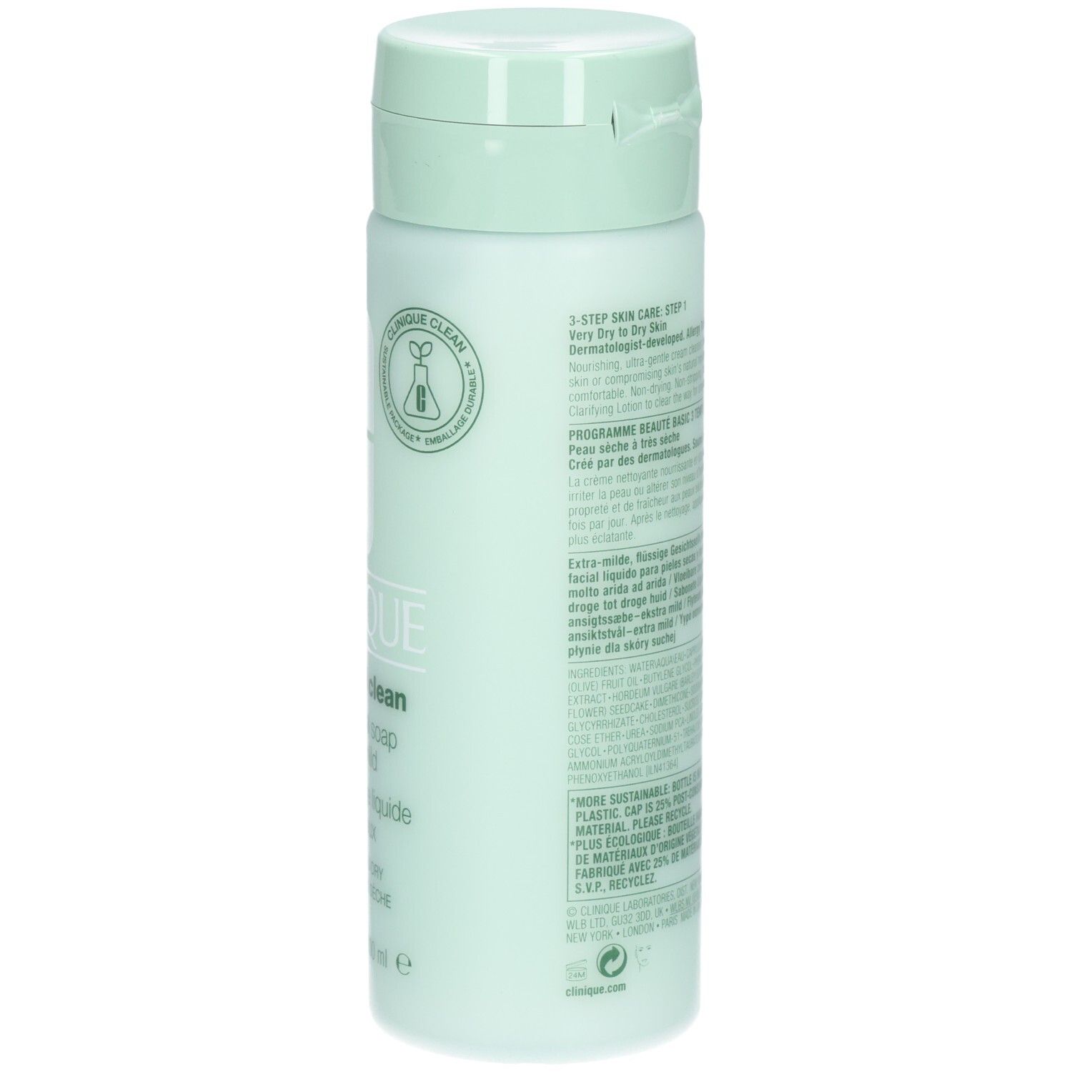 Flacon vert clair avec bouchon rabattable. Inscription : CLINIQUE all about clean liquid facial soap extra-mild. Avec logo.