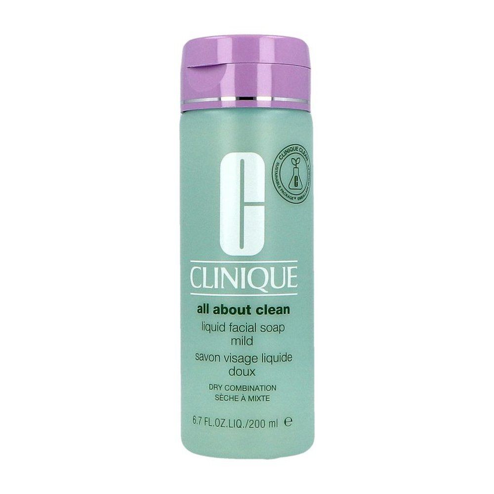 Savon liquide Clinique Doux, flacon de 200ml avec corps vert pâle et bouchon rabattable lilas.